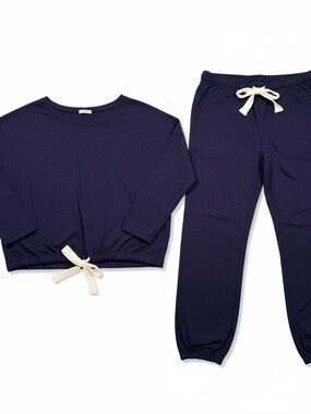 NWT Eberjey Gisele The Slouchy Set Two-Piece Lounge Pajama Set Navy/Cream Ties